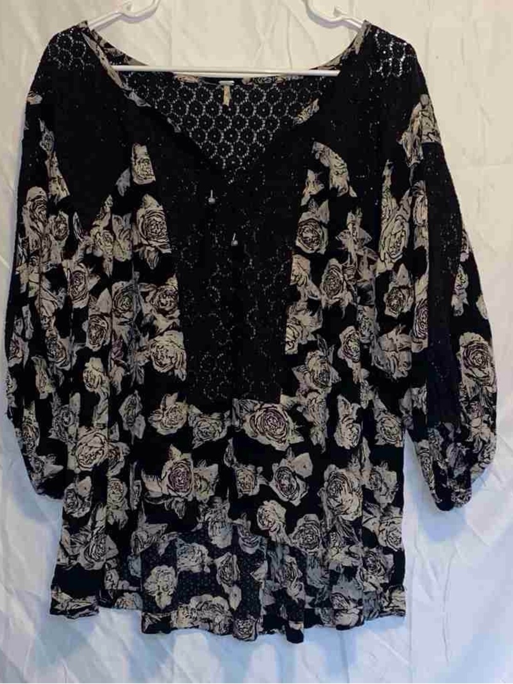 Free People Black Floral Crochet Yoke Peasant Blouse